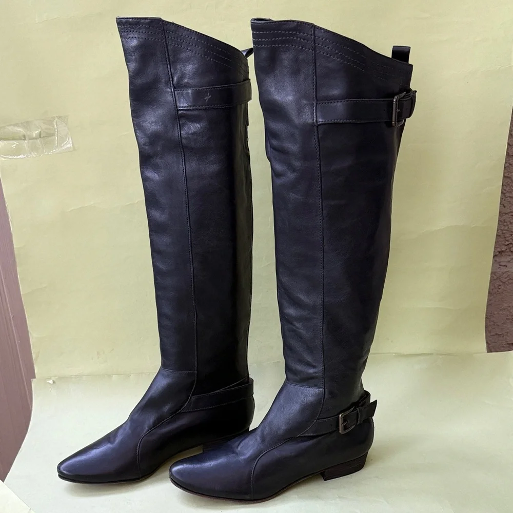 New Vintage Joie Black All Leather Over the Knee Boots with Buckles
